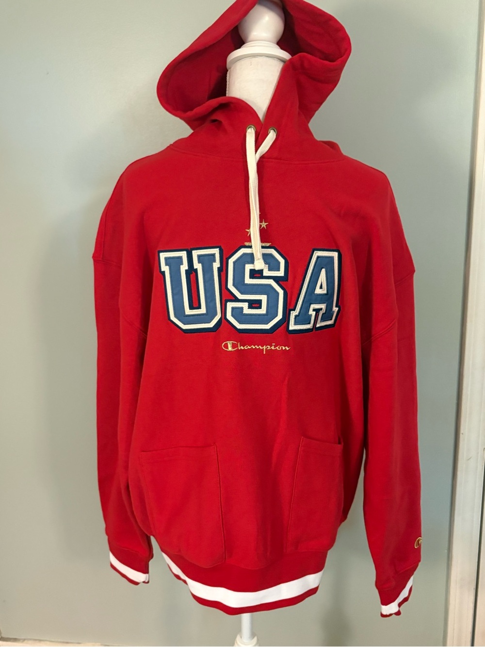 Champion Red USA Hooded Pullover with Blue Lettering